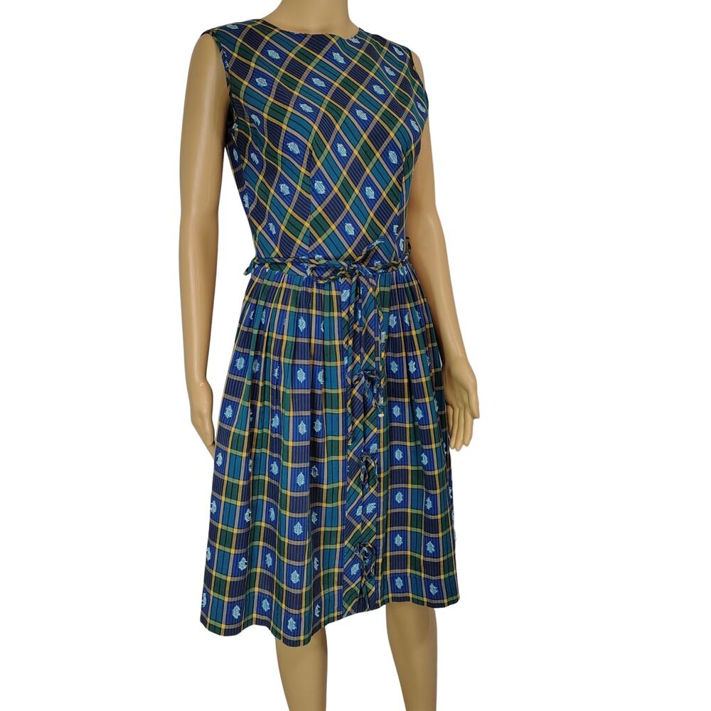 Belted Blue Green Plaid Vintage Hand Made Pleated Ribbon Tie Midi Dress Size S